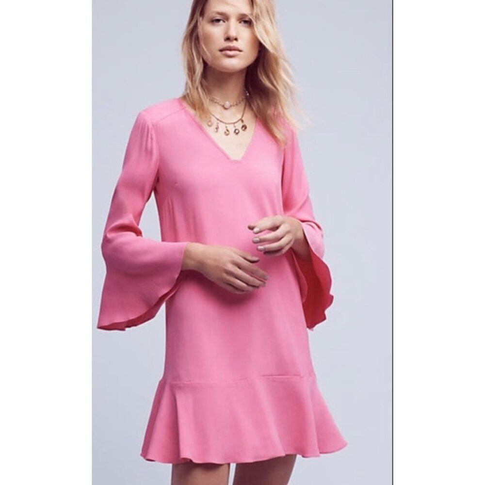 Anthropologie HD in Paris Women Pink Bell Sleeves V Neck Shift Dress Size 4 NWT